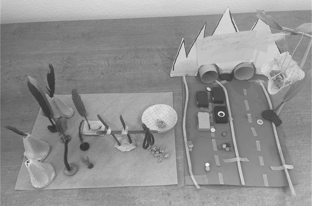 a papercut mountain with tunnels, street and cars and drohnes flying to delivery groceries