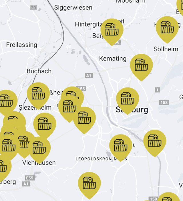 map of slalzburg with yellow pin points showing location of farms