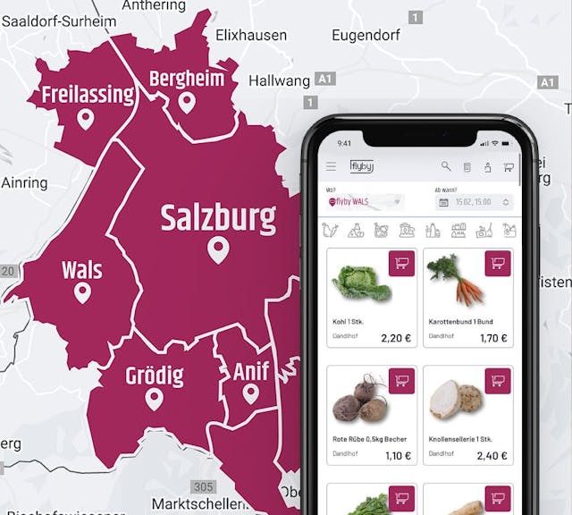 showing flyby.shop with vegetables to buy and behind a berry colored map of salzburg
